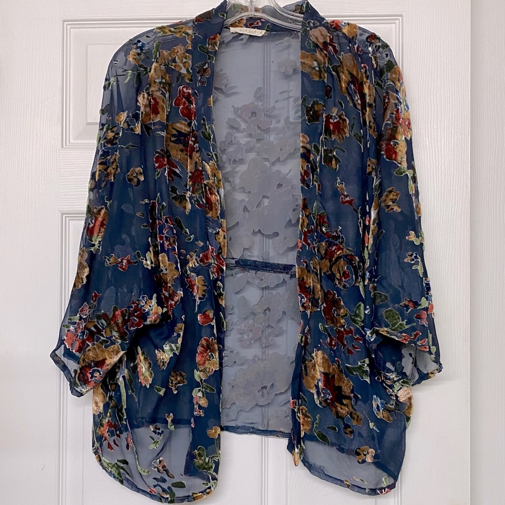 ILLA ILLA Floral Sheer Kimono Crushed Velvet Burn Out Flowers Multicolor Sz L